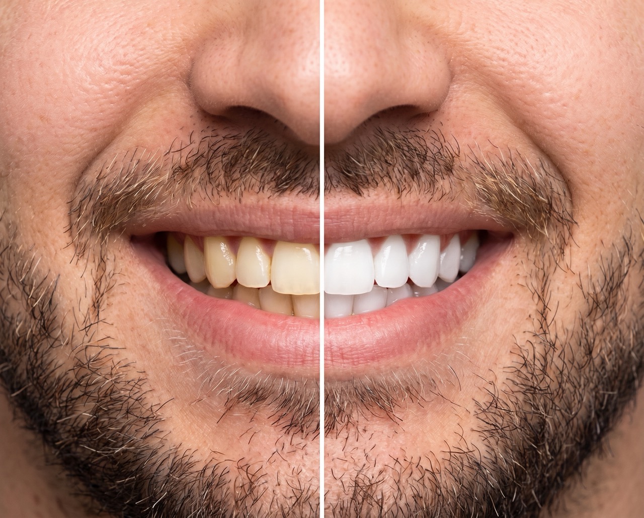 A close-up of a smile divided down the middle: yellowed teeth on the left, the same smile with visibly whiter teeth on the right
